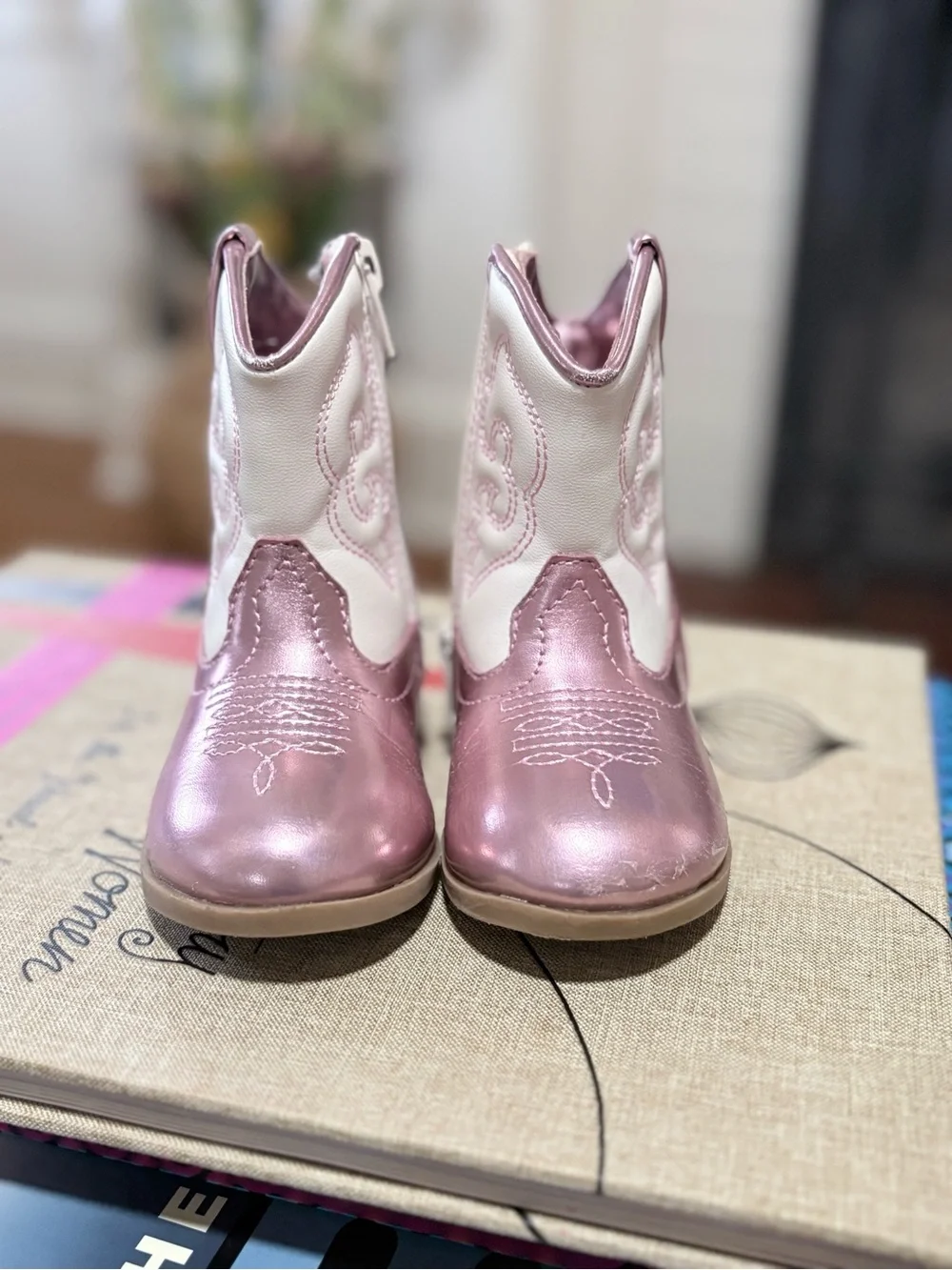 Harper Canyon Metallic Pink and White Kids Western Boots with Side Zip